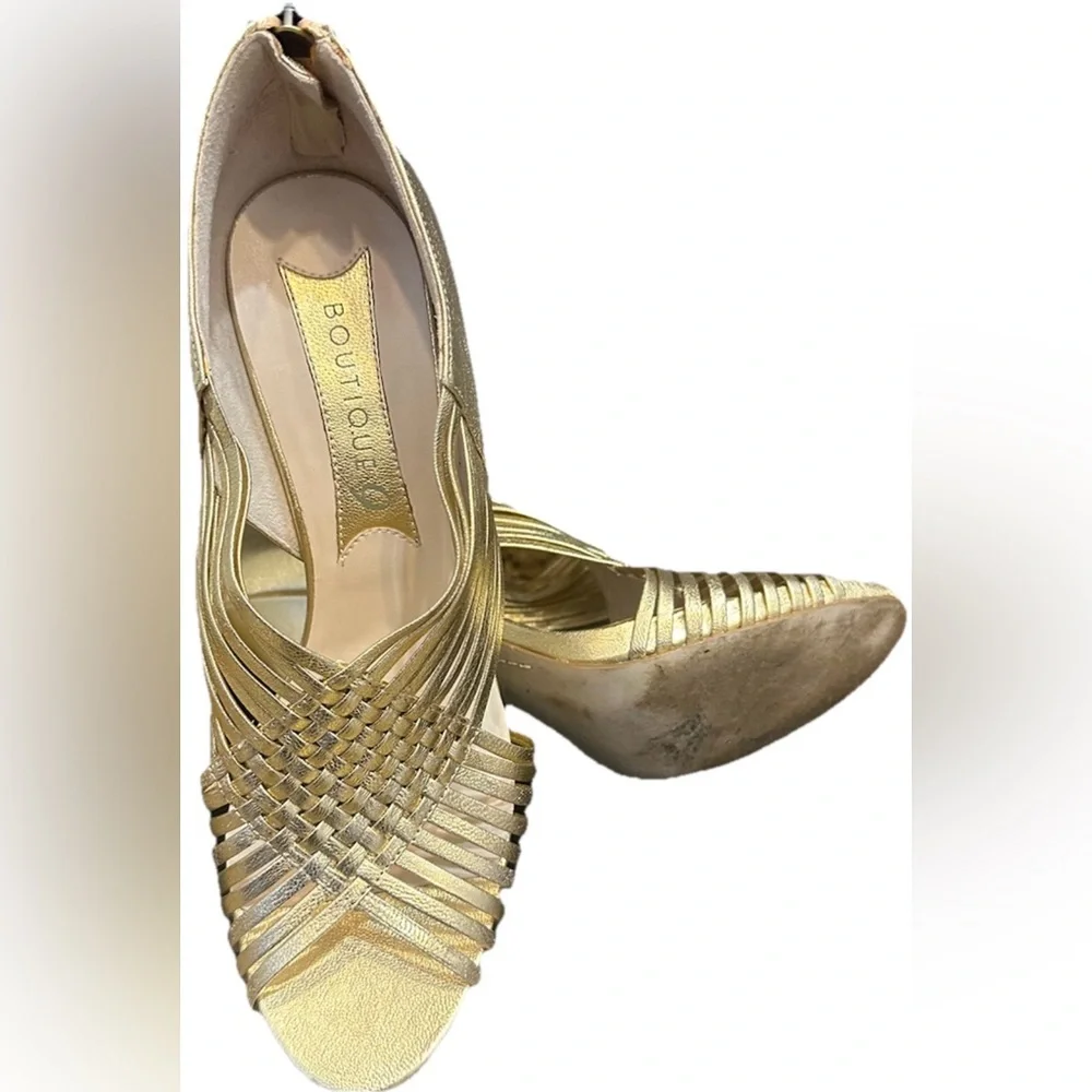 Boutique 9 Metallic Gold Woven Peep-Toe Heels Sz 10M - Picture 4 of 9